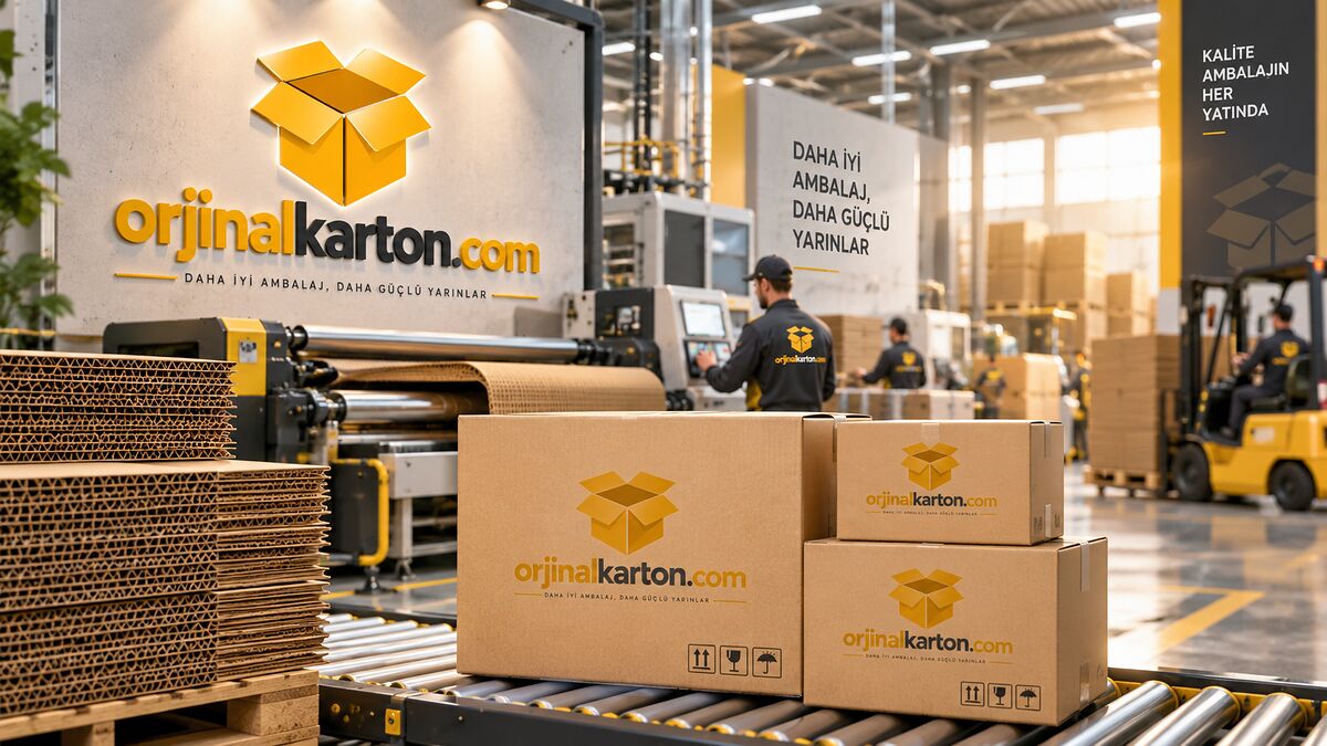 Orjinal Karton üretim tesisinde oluklu mukavva levhalar ve konveyör hattında sevkiyata hazırlanan koliler